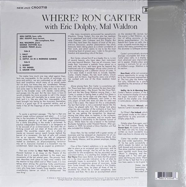 Ron Carter With Eric Dolphy, Mal Waldron : Where? (LP, Album, RE, 180)
