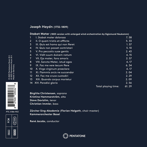 Joseph Haydn  –  Brigitte Christensen, Kristina Hammarström, Steve Davislim, Christian Immler, Zürcher Sing-Akademie, Kammerorchester Basel, René Jacobs : Stabat Mater (CD, Album, PCM)