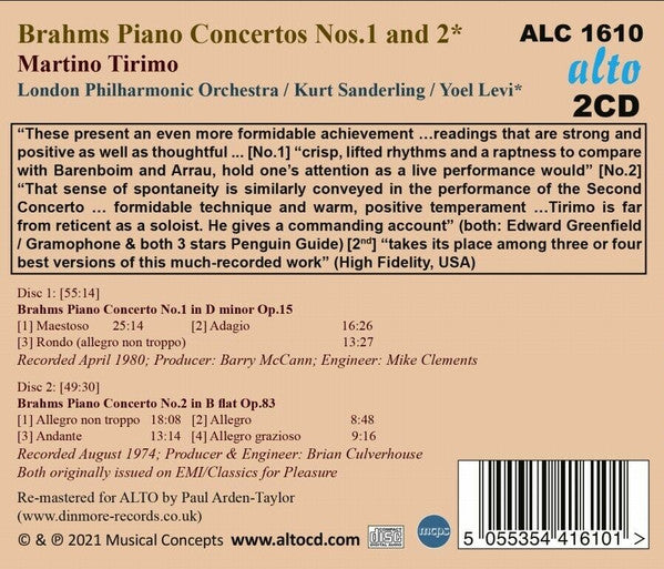 Johannes Brahms, Martino Tirimo, London Philharmonic Orchestra, Kurt Sanderling, Yoel Levi : Piano Concerto 1 In D Minor; Piano Concerto 2 In B Flat (2xCD, Comp, RM)