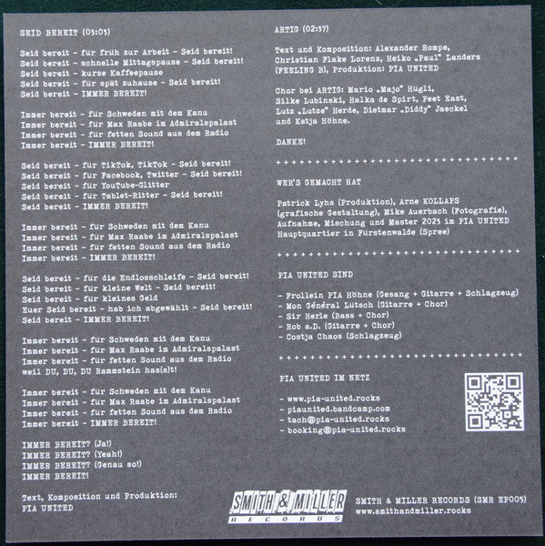 Pia United : Seid Bereit (7", EP, Ltd, Num)