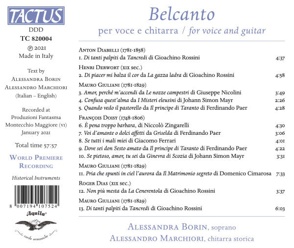 Anton Diabelli, Henri Derwort, Mauro Giuliani (2), François Doisy, Roger Dias (2), Alessandra Borin, Alessandro Marchiori : Belcanto Per Voce E Chitarrra (CD, Album)