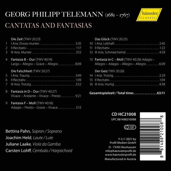 Georg Philipp Telemann, Bettina Pahn, Joachim Held, Juliane Laake, Carsten Lohff : Cantatas & Fantasies 1735 (CD, Album)