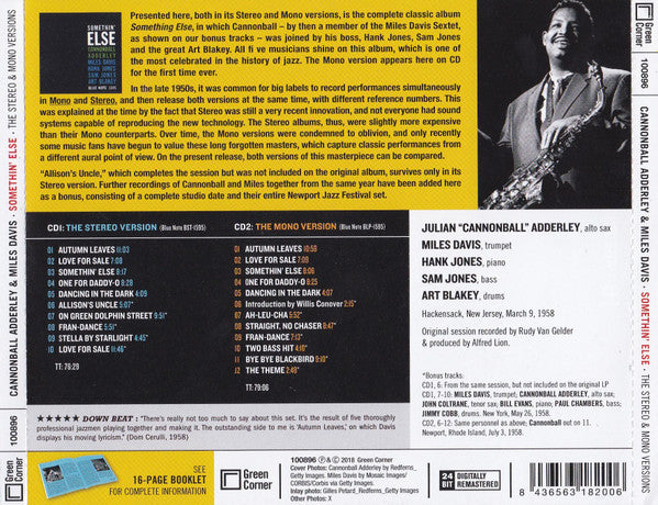 Cannonball Adderley & Miles Davis : Somethin' Else (The Stereo & Mono Versions) (CD, Album, RE, RM + CD, Album, Mono, RE, RM)