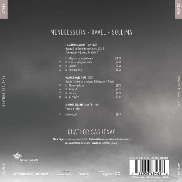 Quatuor Saguenay, Felix Mendelssohn-Bartholdy, Maurice Ravel, Giovanni Sollima : Quatuor À Cordes Op. 44 No 2 / Quatuor À Cordes En Fa Majeur / Federico II De Viaggio In Italia (CD, Album)