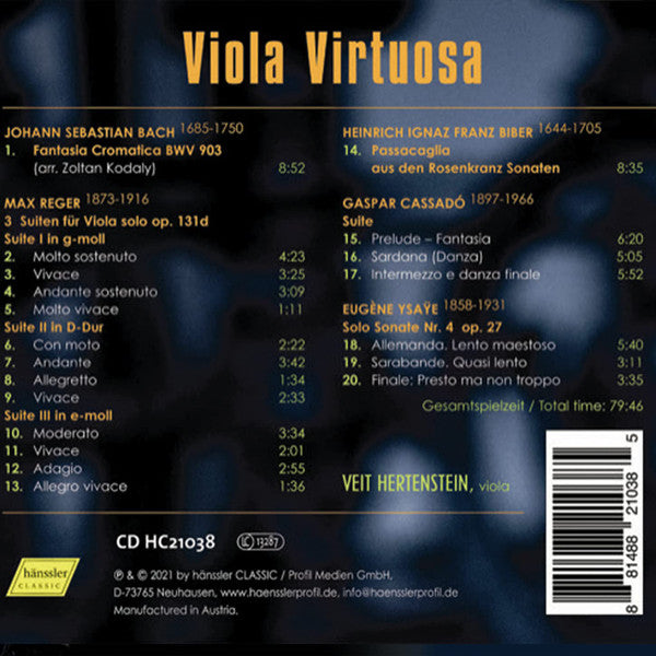 Johann Sebastian Bach | Max Reger | Heinrich Ignaz Franz Biber | Gaspar Cassadó, Eugène Ysaÿe, Veit Hertenstein : Viola Virtuosa (CD, Album)