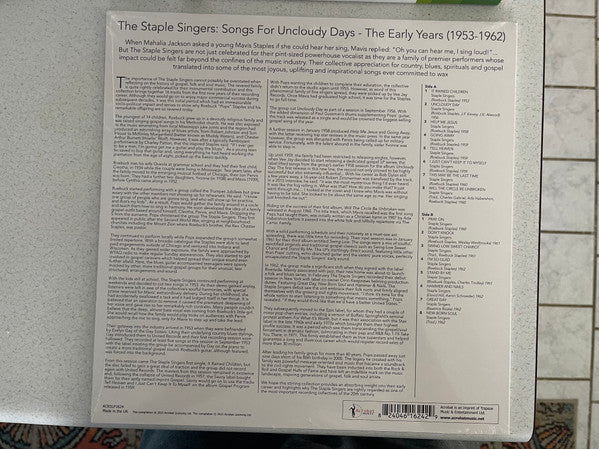 The Staple Singers : Songs for Uncloudy Days: The Early Years 1953-1962 (LP, Comp)