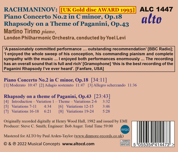 Sergei Rachmaninoff, Martino Tirimo, Philharmonia Orchestra, Yoel Levi : Piano Concerto No. 2; Rhapsody On A Theme Of Paganini (CD, Album, RE)