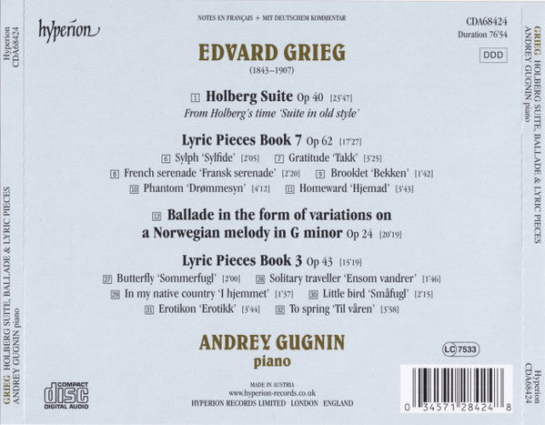 Edvard Grieg, Andrey Gugnin : Holberg Suite, Ballade & Lyric Pieces (CD, Album)
