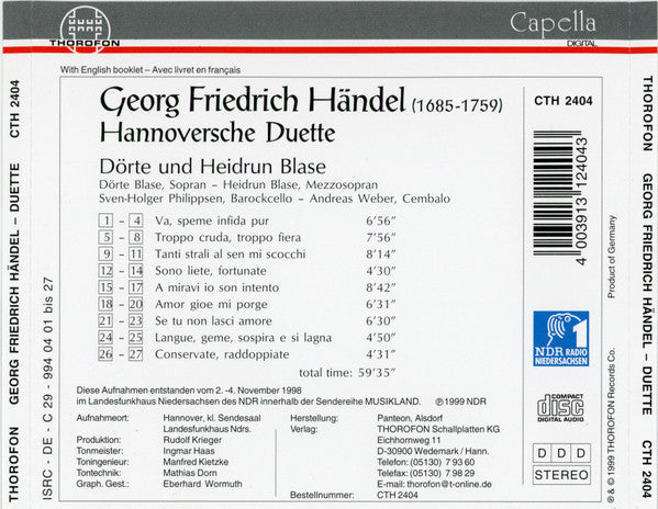 Georg Friedrich Händel - Dörte Blase, Heidrun Blase : Hannoversche Duette (CD, Album)