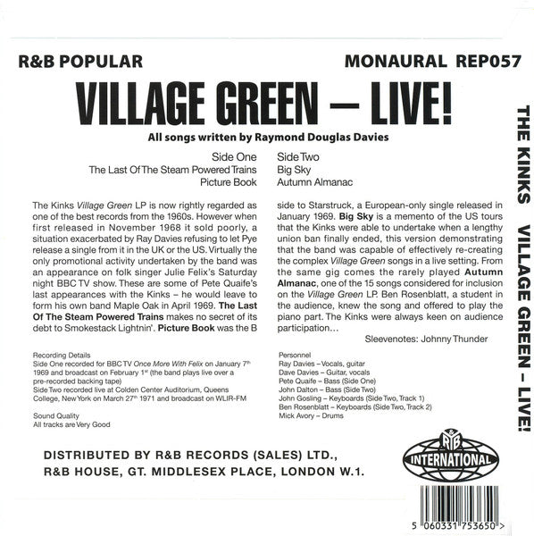 The Kinks : Village Green – Live! (7", EP, Mono, Unofficial)