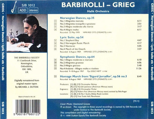Sir John Barbirolli, Hallé Orchestra : Barbirolli Conducts Grieg (CDr, Comp, RE, RM)