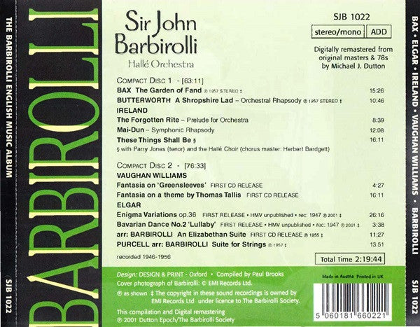 Sir John Barbirolli, Hallé Orchestra : The Barbirolli English Music Album (2xCDr, Comp, Mono, RE, RM)
