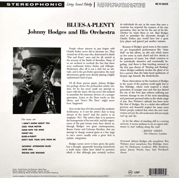 Johnny Hodges And His Orchestra : Blues A-Plenty (LP, Album, RE, RP, 180)