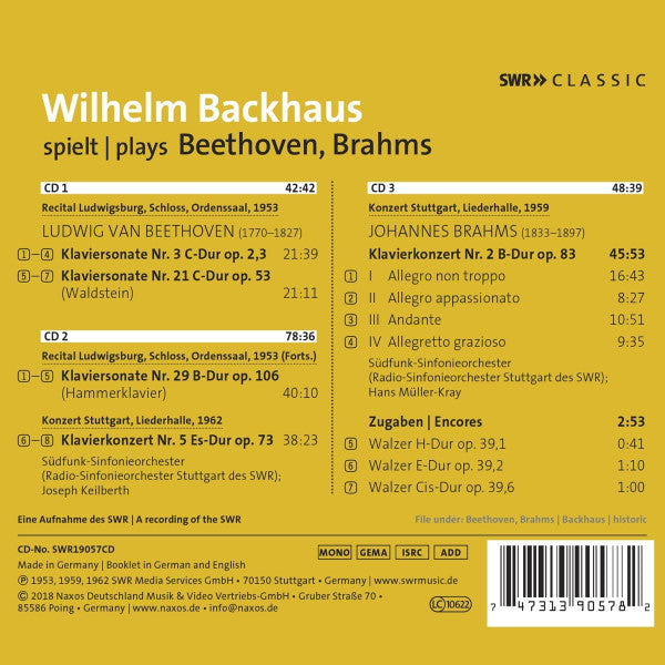 Ludwig van Beethoven, Johannes Brahms, Wilhelm Backhaus, Südfunk-Sinfonieorchester : Recital | Concertos (1953-1962) (3xCD)