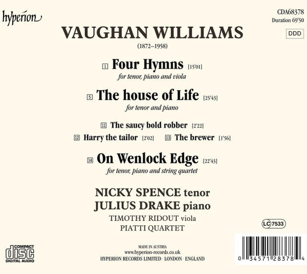 Ralph Vaughan Williams, Nicky Spence, Julius Drake, Piatti Quartet, Timothy Ridout : On Wenlock Edge & Other Songs (CD, Album)