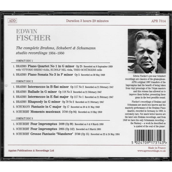 Edwin Fischer - Johannes Brahms, Franz Schubert, Robert Schumann : The Complete Studio Recordings 1934–1950 (3xCD, Comp, Mono)