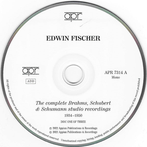 Edwin Fischer - Johannes Brahms, Franz Schubert, Robert Schumann : The Complete Studio Recordings 1934–1950 (3xCD, Comp, Mono)