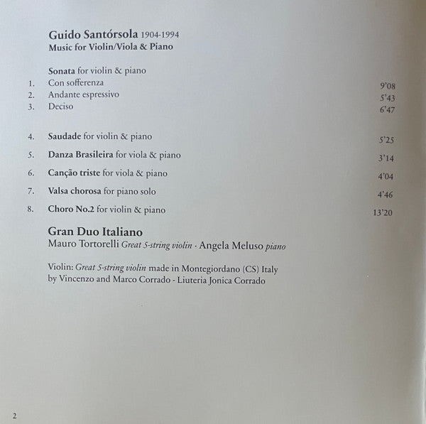Guido Santórsola - Gran Duo Italiano : Mauro Tortorelli, Angela Meluso : Music For Violin/Viola & Piano (CD, Album)
