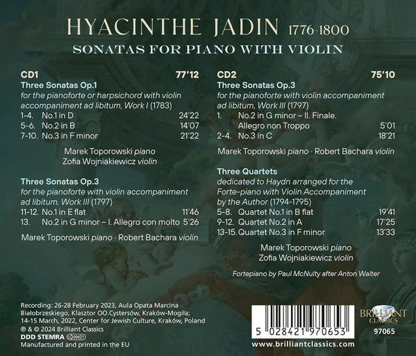 Hyacinthe Jadin - Marek Toporowski, Robert Bachara, Zofia Wojniakiewicz : Sonatas For Piano With Violin (2xCD, Album)