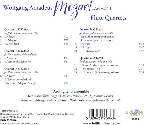 Wolfgang Amadeus Mozart - Ardinghello Ensemble, Karl Kaiser, Annette Rehberger, Sebastian Wohlfarth, Johannes Berger (2) : Flute Quartets (CD, Album)