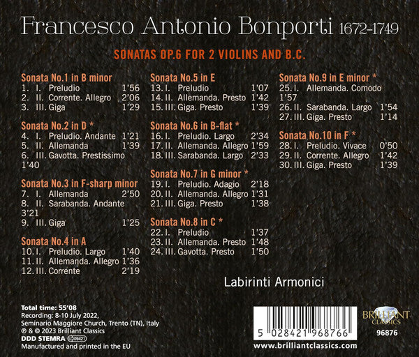 Francesco Antonio Bonporti - Labirinti Armonici : Sonatas Op.6 For 2 Violins And B.C. (CD, Album)