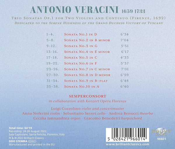 Antonio Veracini - Semperconsort, Luigi Cozzolino (2) : Trio Sonatas Op.1 (CD, Album)