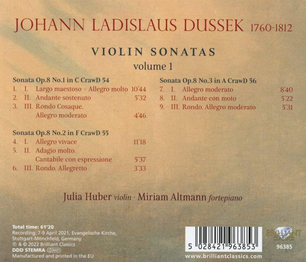 Jan Ladislav Dusík - Julia Huber, Miriam Altmann : Violin Sonatas Volume 1 (CD, Album)