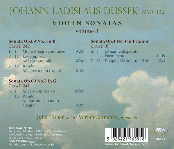 Jan Ladislav Dusík - Julia Huber, Miriam Altmann : Violin Sonatas Volume 3 (CD, Album)