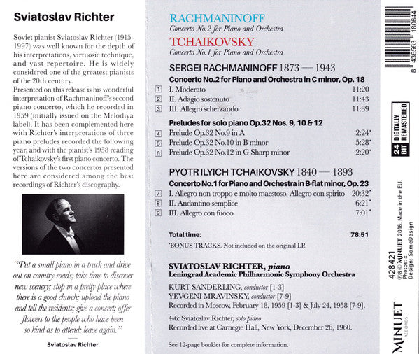 Sergei Rachmaninoff / Pyotr Ilyich Tchaikovsky – Sviatoslav Richter, Kurt Sanderling, Evgeny Mravinsky : Piano Concerto No. 2 / Piano Concerto No.1 (CD, Comp, RE, RM)