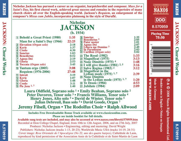 Nicholas Jackson, Laura Oldfield, Jeremy Filsell, David Goode, The Rodolfus Choir, Ralph Allwood : Choral Works: Mass For A Saint's Day / Requiem (CD, Album)