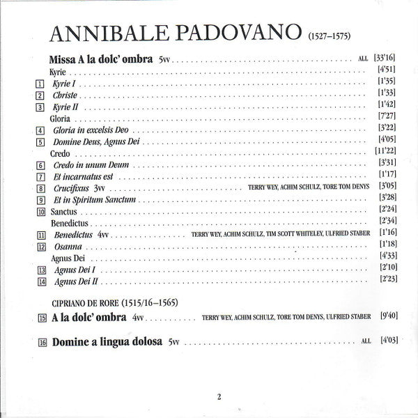 Annibale Padovano, Cinquecento : Missa A La Dolc'Ombra & Missa A Lingua Dolosa (CD)
