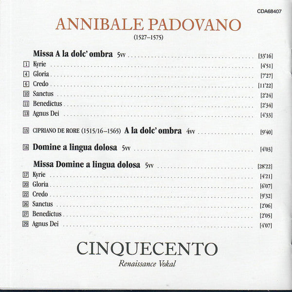 Annibale Padovano, Cinquecento : Missa A La Dolc'Ombra & Missa A Lingua Dolosa (CD)