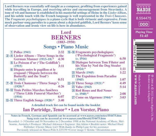 Lord Berners, Ian Partridge, Len Vorster : Songs • Piano Music (CD, Album, RE)