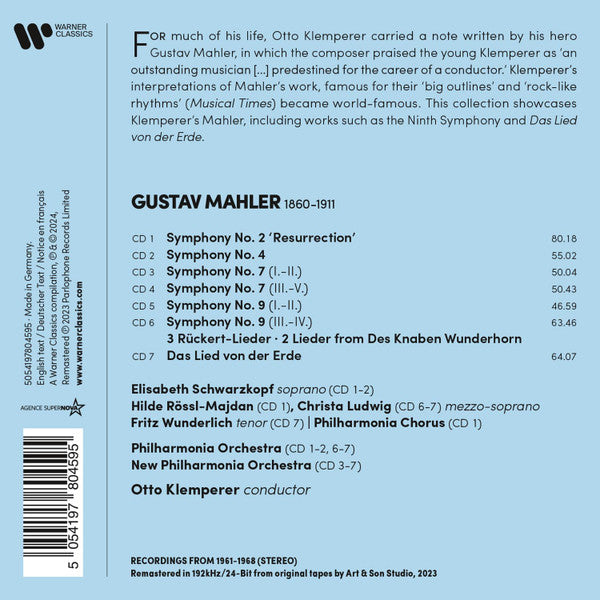 Gustav Mahler - Otto Klemperer : Symphonies 2, 4, 7 & 9 / Das Lied Von Der Erde And Other Lieder (7xCD, RE, RM + Box, Comp)