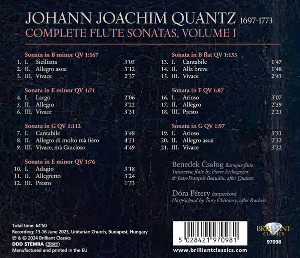 Johann Joachim Quantz - Csalog Benedek, Dóra Pétery : Complete Flute Sonatas, Volume 1 (CD, Album)