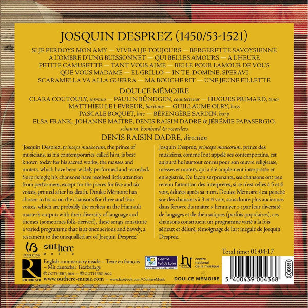 Josquin Des Prés, Doulce Mémoire, Denis Raisin-Dadre : Tant Vous Aime (CD, Album)