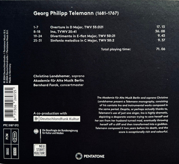 Georg Philipp Telemann, Christina Landshamer • Akademie Für Alte Musik Berlin, Bernhard Forck : Ino & Late Works (CD)