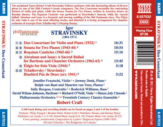 Igor Stravinsky, Jennifer Frautschi, Jeremy Denk, Philharmonia Orchestra, Twentieth Century Classics Ensemble, Robert Craft : Duo Concertant / Sonata For Two Pianos / Requiem Canticles / Abraham And Isaac / Élégie / Bluebird (CD, Comp)
