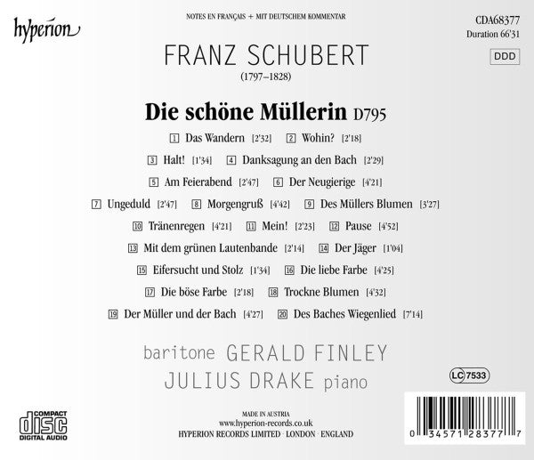 Gerald Finley, Julius Drake, Franz Schubert : Die Schöne Müllerin (CD, Album)