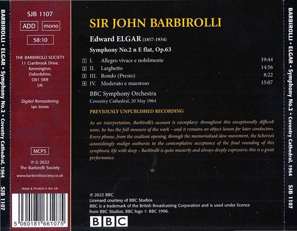 Sir John Barbirolli, BBC Symphony Orchestra : Elgar: Symphony No.2 (Coventry Cathedral, 20 May 1964) (CDr, Album, Mono)