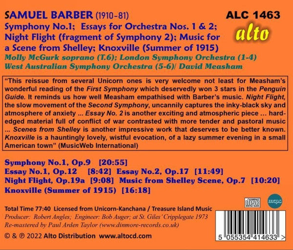 Samuel Barber, Molly McGurk, London Symphony Orchestra, West Australian Symphony Orchestra, David Measham :  Symphony 1/ Essays Nos.1 & 2/ Night Flight/ Music From Scene From Shelley/ Knoxville (Summer Of 1915) (CD, RE, RM)