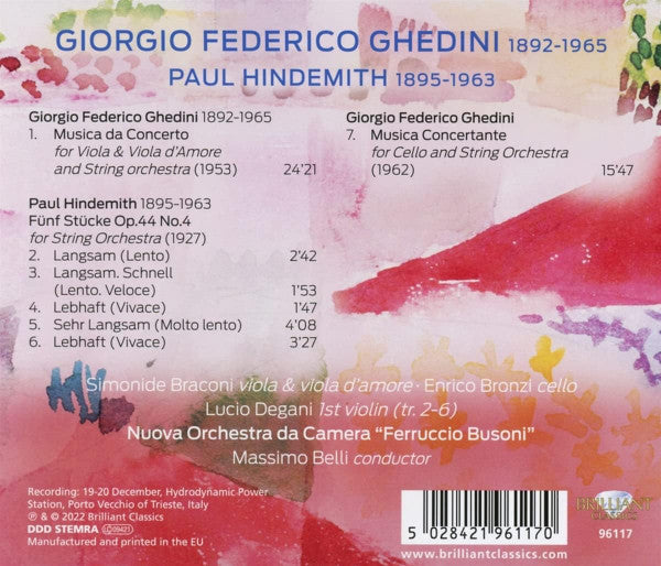 Giorgio Federico Ghedini, Paul Hindemith, Simonide Braconi, Enrico Bronzi, Nuova Orchestra Da Camera Ferruccio Busoni, Massimo Belli : Musica Concertante, Fünf Stücke Op.44 No.4 (CD)