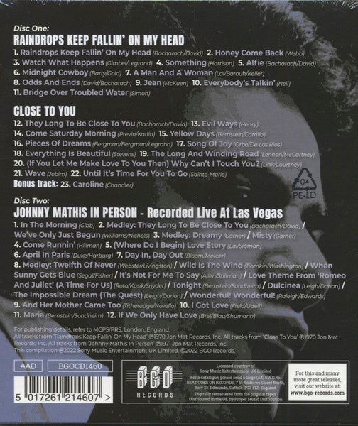 Johnny Mathis : Raindrops Keep Fallin’ On My Head/Close To You + Bonus Track/Johnny Mathis In Person: Recorded Live At Las Vegas (2xCD, Comp, RM, Sli)