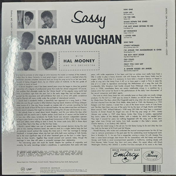Sarah Vaughan : Sassy (LP, Album, Mono, RE)