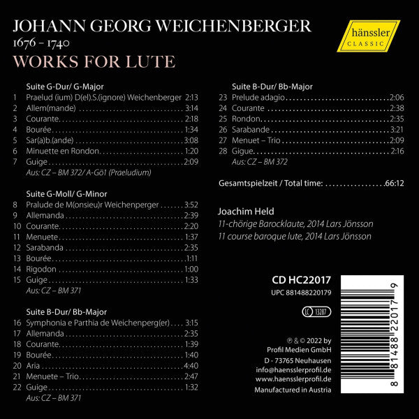 Johann Georg Weichenberger, Joachim Held : Works For Lute (CD)