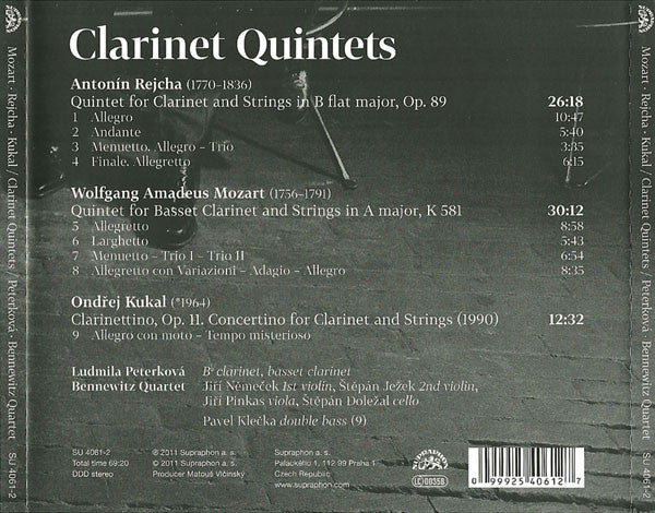 Wolfgang Amadeus Mozart • Anton Reicha • Ondřej Kukal / Ludmila Peterková & Bennewitz Quartet : Clarinet Quintets (CD, Album)