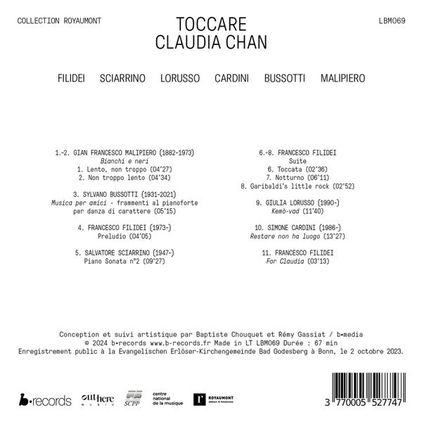 Claudia Chan - Francesco Filidei, Salvatore Sciarrino, Giulia Lorusso, Simone Cardini, Sylvano Bussotti, Gian Francesco Malipiero : Toccare (CD)