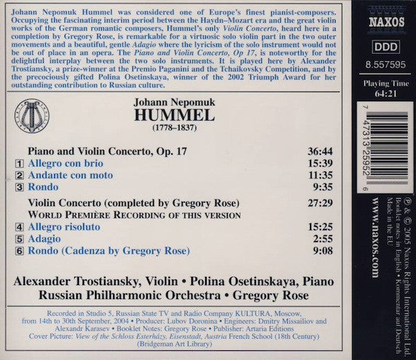 Johann Nepomuk Hummel, Alexander Trostiansky, Полина Осетинская, Russian Philharmonic Orchestra, Gregory Rose : Violin Concerto / Piano And Violin Concerto (CD, Album)
