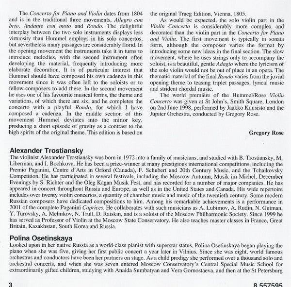 Johann Nepomuk Hummel, Alexander Trostiansky, Полина Осетинская, Russian Philharmonic Orchestra, Gregory Rose : Violin Concerto / Piano And Violin Concerto (CD, Album)