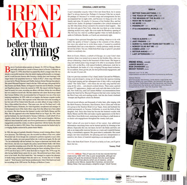 Irene Kral With Junior Mance Trio : Better Than Anything (LP, Album, Comp, Ltd, 180)
